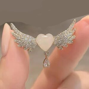 Broche asas de anjo com strass e coração de Opala com pingente