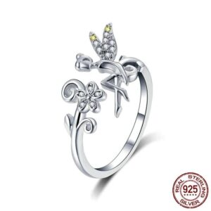 Anel de prata 925 ajustÃ¡vel Fada com asas e flor de strass