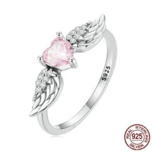 Anel prata 925 coraçao zircão rosa asas de anjo brilhantes