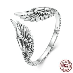 Anel aberto de prata esterlina 925 com asas de anjo estilo gótico