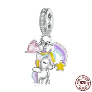 Charm conta prata 925 com pingente unicornio coração e arco-íris