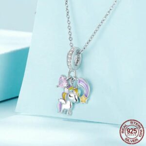 Charm conta prata 925 com pingente unicornio coração e arco-íris